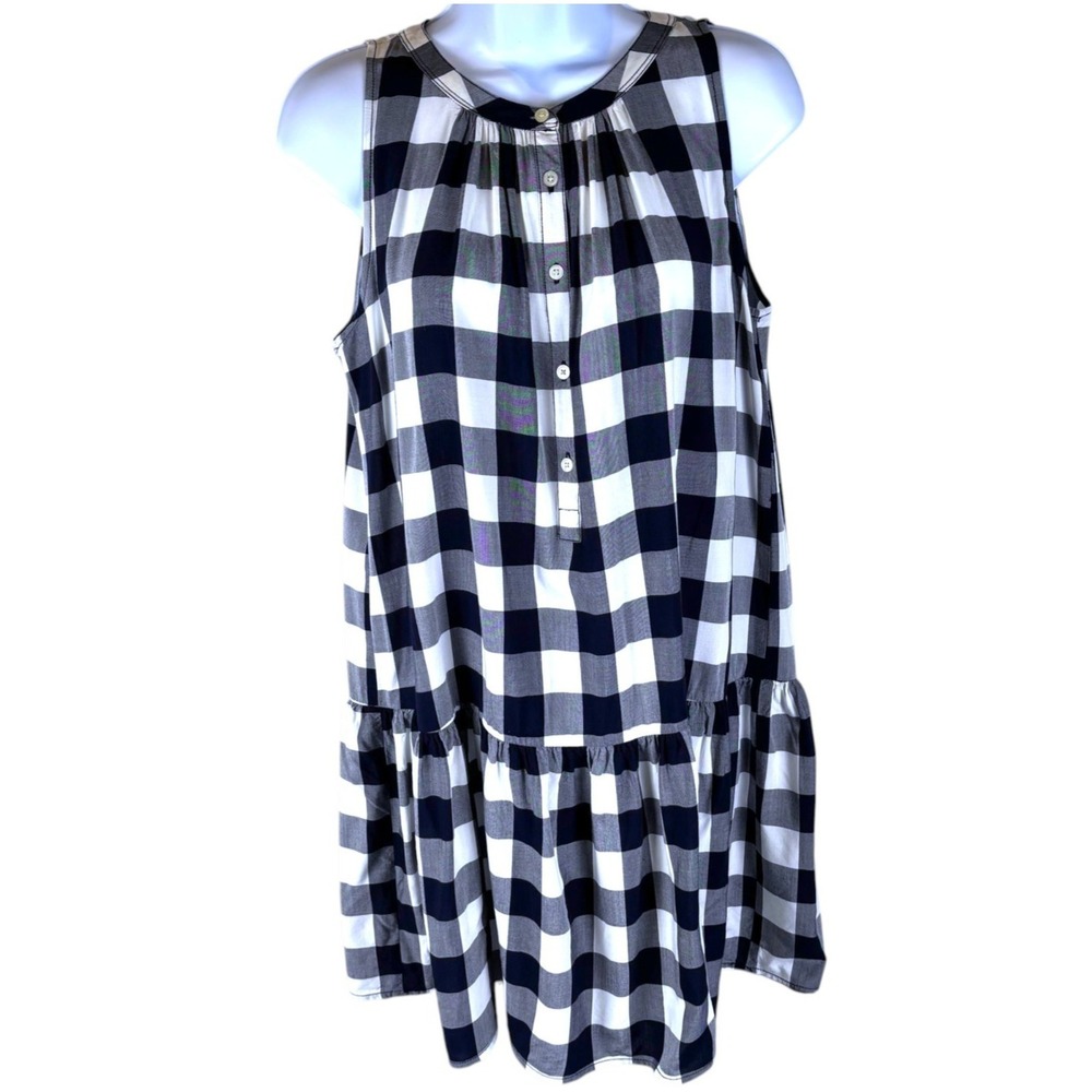 LOFT Navy White Buffalo Plaid Tiered Dress Sz S Sleeveless Casual‎ Drop Waist